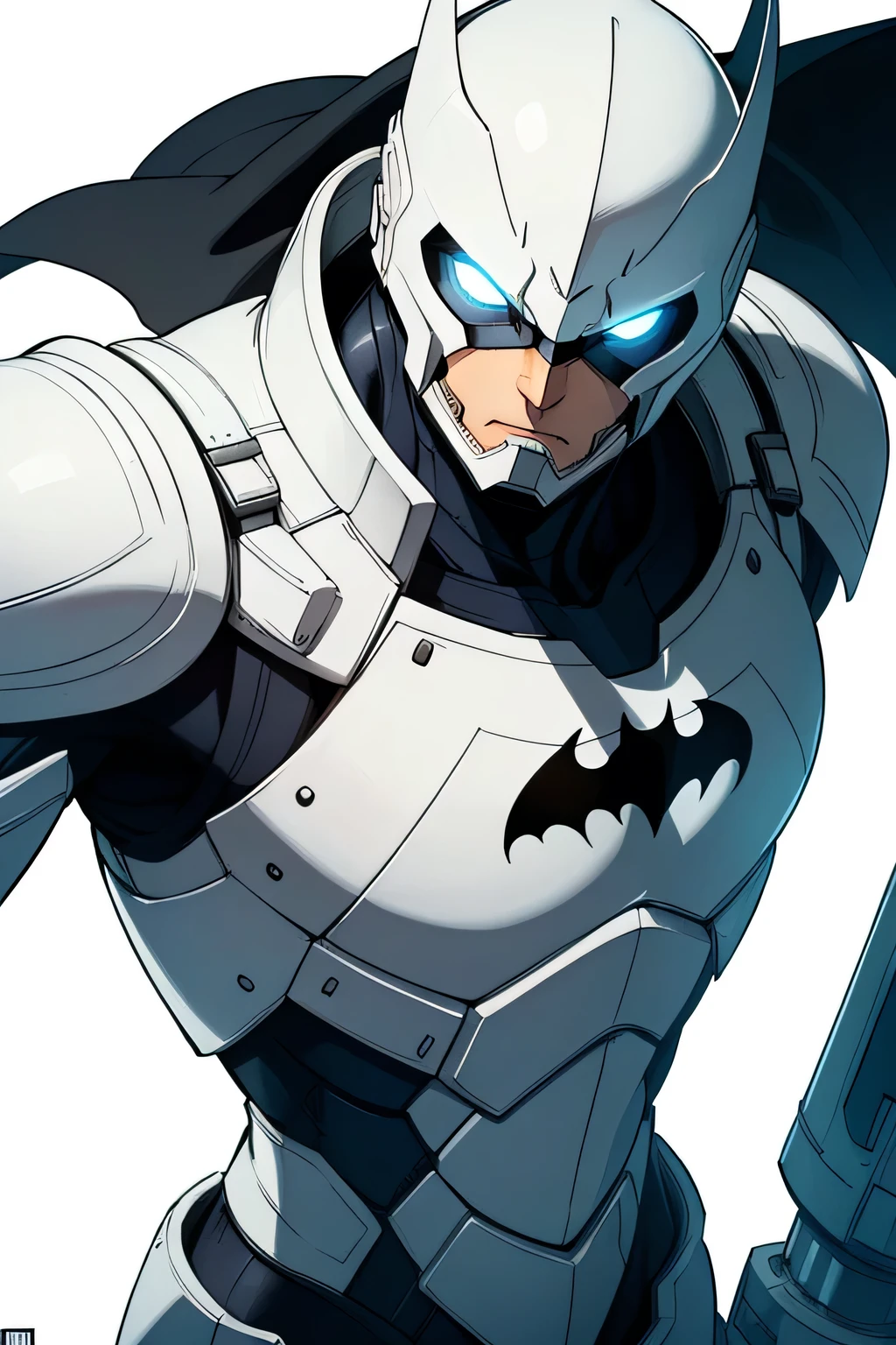 masterpiece, (best quality), (ultra-detailed), (ultra-realistic:1.2), landscape, sci-fi, transistorpunk, cyberpunk, biopunk, (magazine cover:1.4), (gray, white), batman huge muscular robot, visor,batman, mechanical muscular sharp mask on face, black cape on the back, future town, dynamic pose, dynamic angle, large biceps, luxury, (black, red, gold), cyberpunk