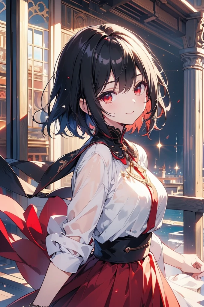 (masterpiece, highest quality, highest quality, (No text), Beautiful and aesthetic:1.2),No text,anime、break,One Girl，Black Hair Girl　 adult　Short Hair　Older sister　Beautiful eyes　Red eyes　cool　smile　Black and Red　skirt　Full Body Outdoors