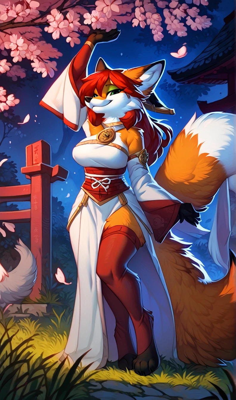 By Hioshiru, fox, red fox, kitsune, long fox tail with black tip, elongated fox snout, furry, female, outside of a Japanese shrine, green high grass, cherry blossom tree, night, stretching, standing, looking at viewer, smile, smug, (Half-closed eyes), long beautiful hair, green eyes, japanese clothes, Priestess Costume, detached sleeves, wide sleeves, bare shoulders, thigh highs, big breasts, sassy hips, safe for work