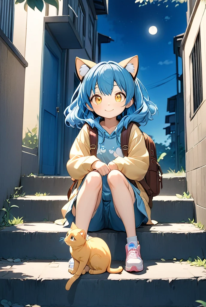 Japanese manga girl , she is sitting on 
the nallow staircase in off street , 1girl , solo, hoodie , animal ear headphones, blue hair, backpack, yellow cat eyes, fake animal ears , smile , a frolicking cat , moonlight