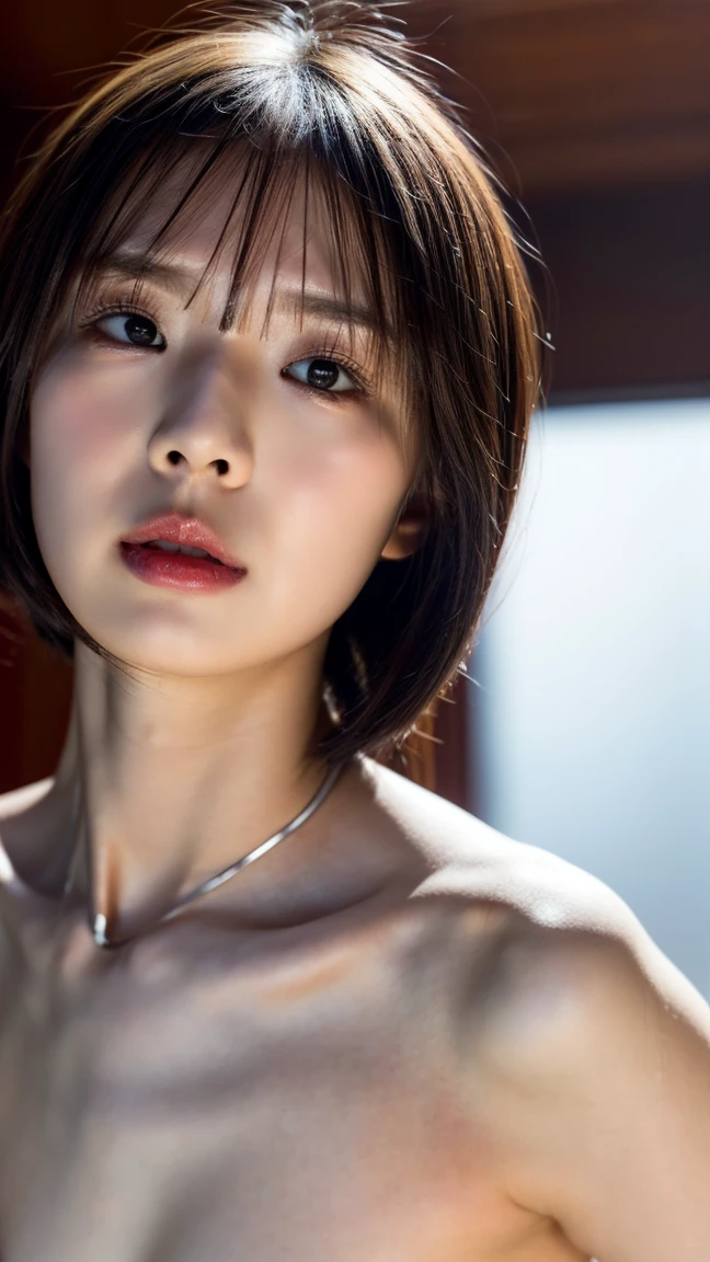 (1 girl, Girls, Small breasts, Short Bob Hair, Completely naked, Nipples), Fair-skinned, Glossy Lips, skinny, Body Type, Delicate and sexy collarbone, Highest quality, RAW Photos, Realistic, face, Incredibly ridiculously beautiful girl, cute, Depth of written border, High resolution, 超detailed, detailed, Very detailed, extremely detailed eye and face, Sharp pupils, Sharp focus, Cinema Lighting