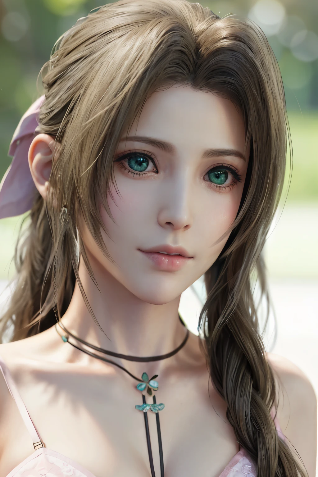 "AERITH" (best quality,4k,highres,masterpiece:1.2),ultra-detailed,realistic,portrait,Aerith,[Final Fantasy 7 Remake],beautiful detailed eyes,perfect face,detailed lips,symmetry,delicate face,delicate body,perfect body,physically-based rendering,vivid colors,studio lighting,green eyes,soft features,gentle expression,flowing hair,sparkling eyes,flawless skin,gorgeous,ethereal atmosphere,subtle makeup,beautifully rendered,textured clothing,graceful pose,aesthetically pleasing,bokeh