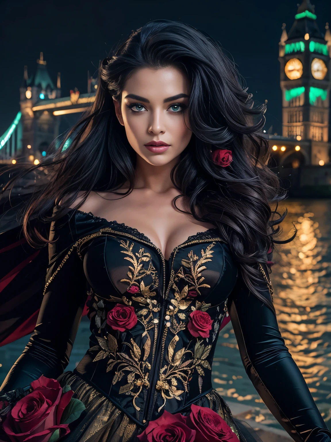Twilight lady, beautiful and mysterious woman, a work of art of beauty, realistic and sharp focus, wearing sexy clothes. detailed Professionally retouched, soft lighting, realistic and smooth face, perfect eyes, sharp focus on eyes, 8k, high definition, incredibly detailed, complex, elegant. on a background of Time Square at night. long black hair, striking face, expressive and crystal clear green eyes, black floral tulle with gold embroidered edges draped over the shoulders, shiny red and gold satin corset, detailed and intricate, draped black skirt, lightweight fabric, with golden roses at the waist, night background. Full HD.