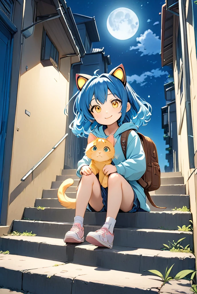 Japanese manga girl , she is sitting on 
the nallow staircase in off street , 1girl , solo, hoodie , animal ear headphones, blue hair, backpack, yellow cat eyes, fake animal ears , smile , a frolicking cat , moonlight