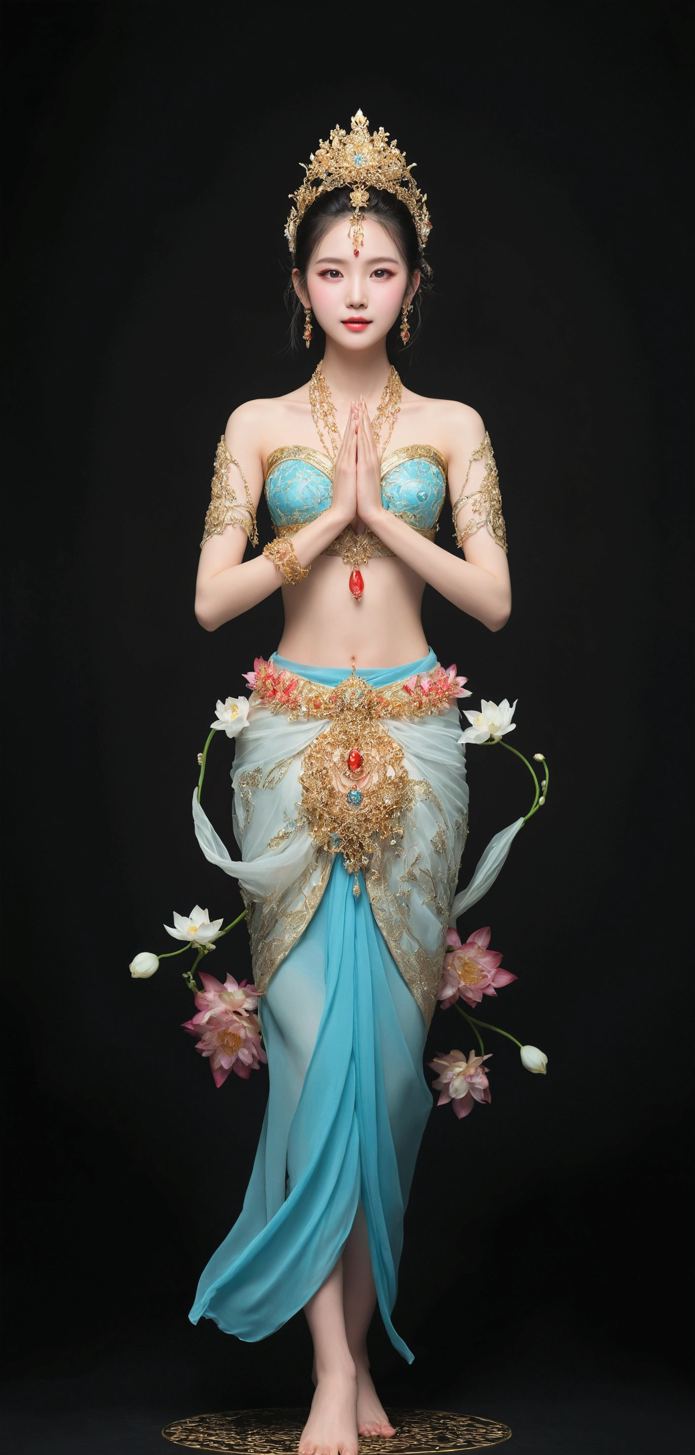 Beautiful woman dancing leisurely，The body is entwined with flowers and green leaves，bail_particle,光particle花朵，全由光particle组成的衣饰，Cross-legged lotus position,Sit on the lotus seat，A girl made of particle,The density of Metal Wire at the finger part is high,bail_Metal Wire,bail_Light Elements,Transparent luminous body,Girl made of light,I have a lotus in my hand，White Ribbon，Delicate skin、shining，barefoot，（Long curved eyebrows），Beautiful eyes sparkling，What&#39;s the big deal?, 眼睛像gem一样闪闪发光，Clear pupils reflect light，Double eyelids，Eye bags，Looking at the camera，（（Full, Red lips）） clear and distinct，（（Red cheeks）），The mandible is very Full，绿色Delicate skin光滑，Delicate skin透亮，The streamers on the body are wrapped around the leaves，gem点缀，Exquisite smart crown，gem，BeautiFully and artFully set gemstones，（skirt），BeautiFully designed jewellery，Beautiful eyes looking straight into the camera，(((Good player)))，（（（（Good feet））），（（（Good legs））），Realistically，White skin，（（Correct body structure）），Gold Set，Blue sky，Head background round light，Behind him is a colorful rainbow circle，Color halo turned on，Front lighting，Masamitsu，No shadow on the face，There are no shadows on the body，Blue sky，Fantasy Space，The ethereal world，dreamworld，Blue sky白云，Masterpiece 4k，Ultra-clear，Professional Photography，look up，Standard lens shooting，