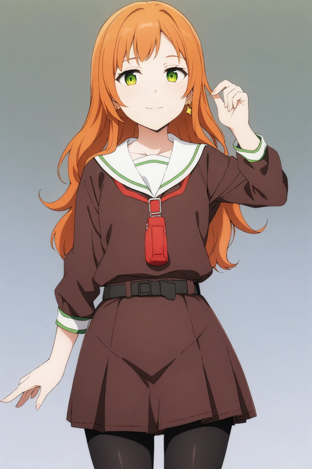 (masterpiece, best quality, very aesthetic, ultra detailed), score_9, score_8_up, score_7_up, source_anime,
TachibanaKotoha,
1girl, closed mouth, light smile,
Orange hair, long hair, hair between eyes , green eyes, earrings,
 white shirt, black skirt,  fanny pack, red bag,
standing, looking at viewer,
outdoors, 