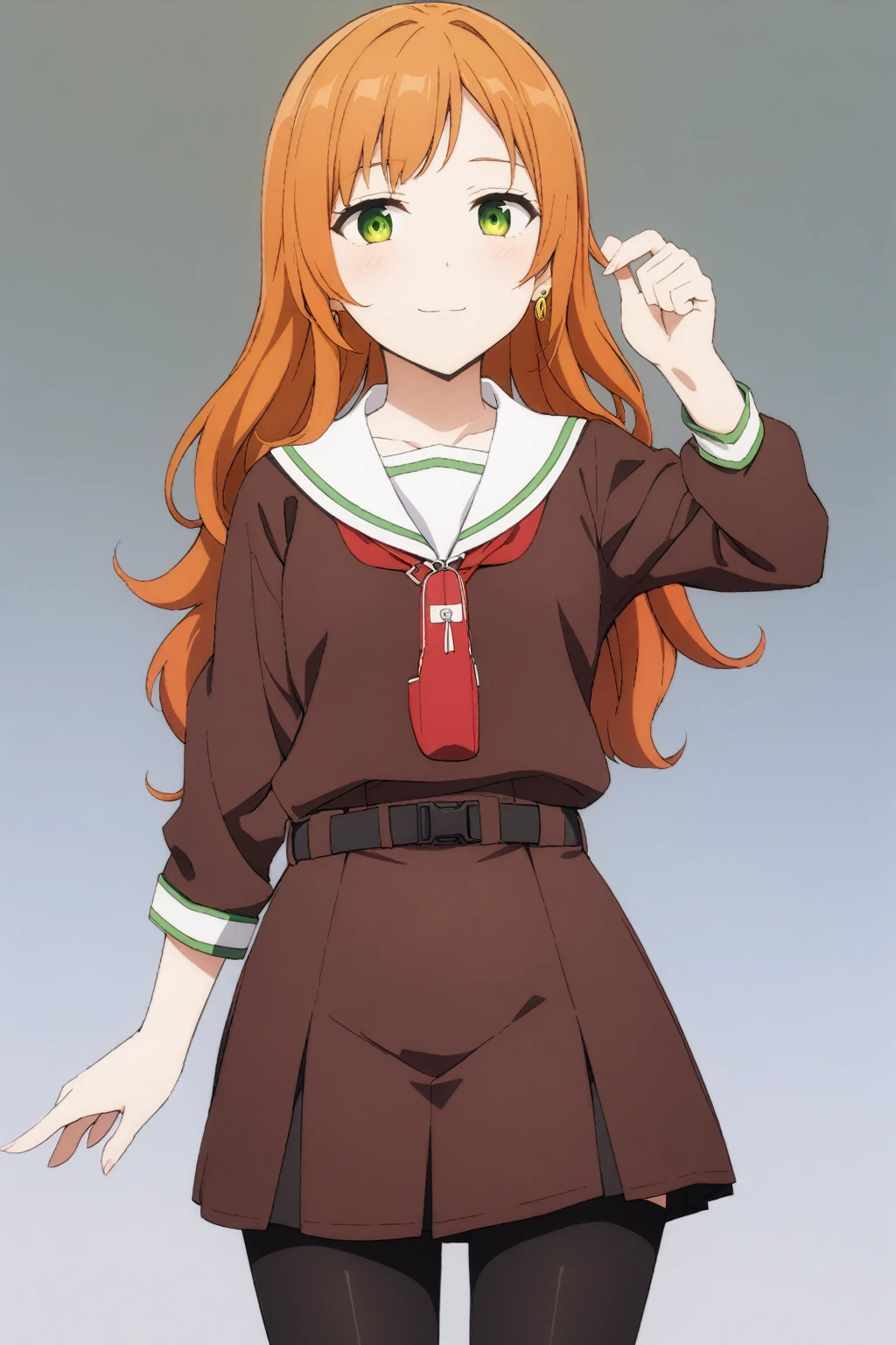 (masterpiece, best quality, very aesthetic, ultra detailed), score_9, score_8_up, score_7_up, source_anime,
TachibanaKotoha,
1girl, closed mouth, light smile,
Orange hair, long hair, hair between eyes , green eyes, earrings,
 white shirt, black skirt,  fanny pack, red bag,
standing, looking at viewer,
outdoors, 