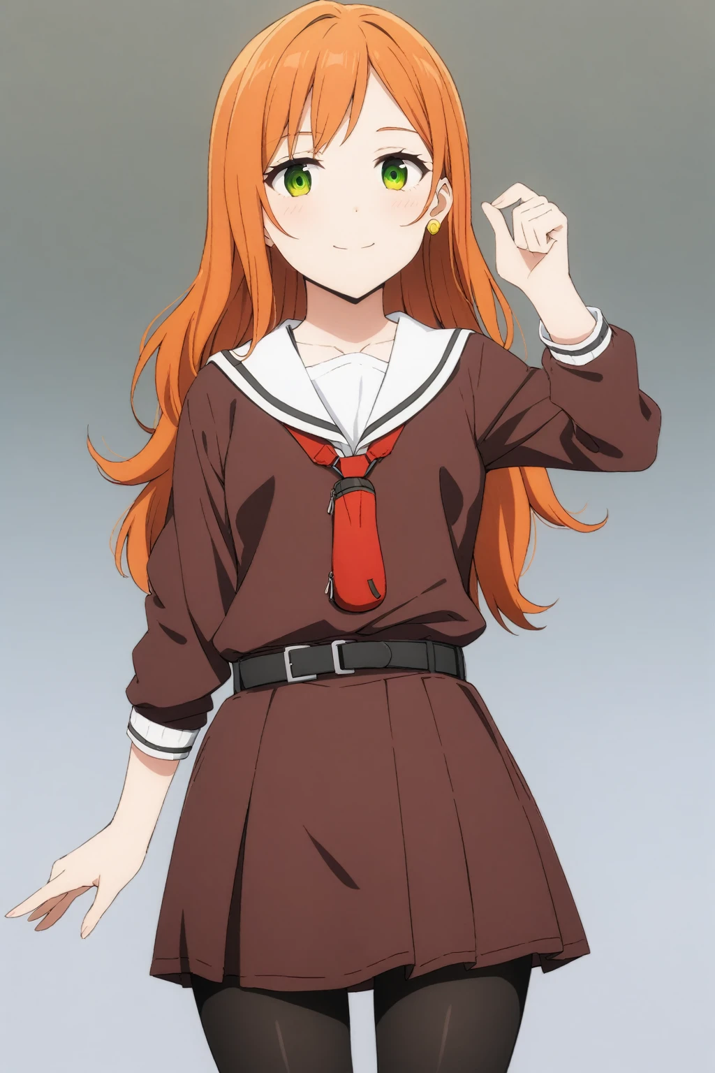 (masterpiece, best quality, very aesthetic, ultra detailed), score_9, score_8_up, score_7_up, source_anime,
TachibanaKotoha,
1girl, closed mouth, light smile,
Orange hair, long hair, hair between eyes , green eyes, earrings,
 white shirt, black skirt,  fanny pack, red bag,
standing, looking at viewer,
outdoors, 