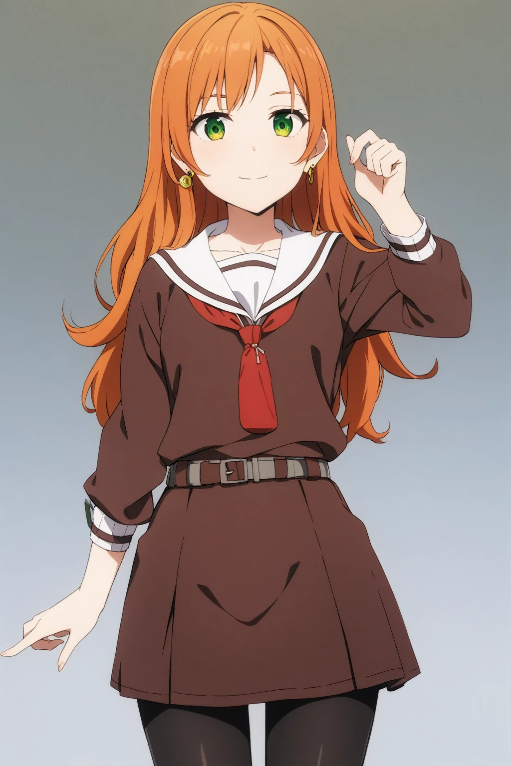 (masterpiece, best quality, very aesthetic, ultra detailed), score_9, score_8_up, score_7_up, source_anime,
TachibanaKotoha,
1girl, closed mouth, light smile,
Orange hair, long hair, hair between eyes , green eyes, earrings,
 white shirt, black skirt,  fanny pack, red bag,
standing, looking at viewer,
outdoors, 