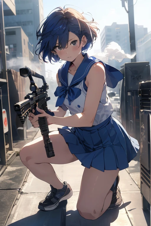 masterpiece, Highest quality, Lens flare, Depth of written boundary, (close: 1.3), (Wide Shot, Fisheye Lens: 0.85), Face Focus, Hatsune Miku, Small faces scattered, Detail of bloodstained lips, Squat, Blue Short Hair, Open neck blouse, Pleated skirt, (Have a weapon, Hold the rifle, aim, aim:1.2), gun, H&Khk416, carbine, fire, Firing, sunny, blue sky, Cloudy, city, street, road signs, Skyscraper,