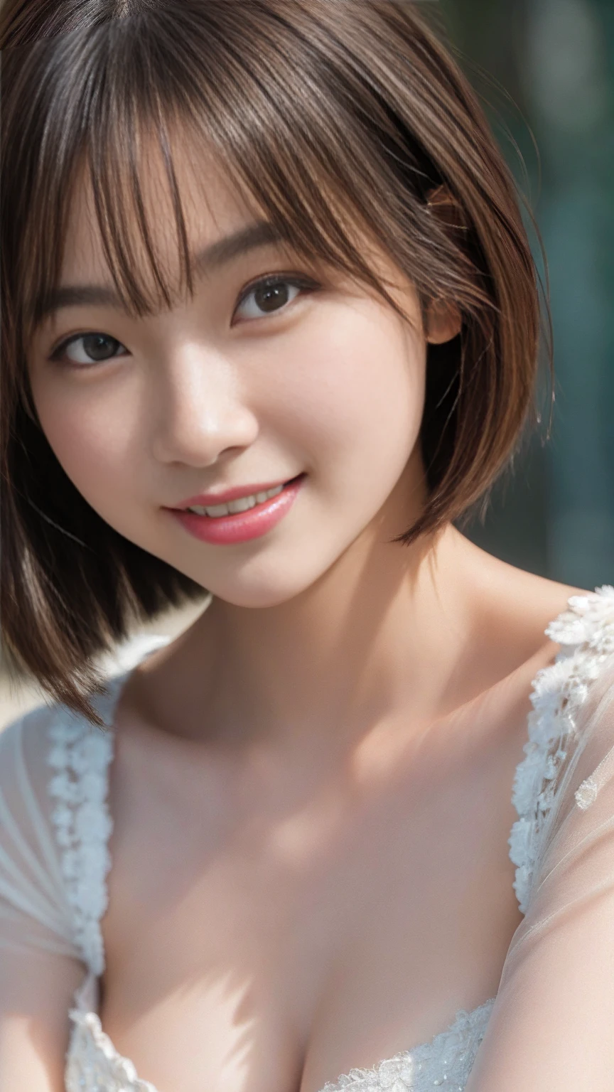 (photorealistic:1.75),(masterpiece,Ultra HD:1.5),(A mesmerizing portrait of an alluring young Japanese girl:1.2), featuring intricate and lifelike facial details, particularly her enchanting (symmetrical clear and ultra beautiful eyes:2.0) and exquisite lips. [Close-up of her eyes:2.0].(A close-up of her face:2.0). (Her innocent baby face is ultra cute and idol-like:2.0). (She wears natural makeup:1.2). Her expression radiates a natural and (youthful charm:1.5), emphasized by her long and voluminous eyelashes. Adorning her face is a fashionable, (short haircut:1.5) that shimmers with a gentle sheen. (She has brown hair:1.5). Her flawless complexion resembles delicate porcelain, exuding an aura of graceful perfection. The symmetry and refinement of her facial structure accentuate her inherent beauty.

(An illuminating big smile graces her countenance:1.5), capturing her cheerful and optimistic spirit. (Delicately slender hands further highlight her elegance:1.5). (She is wearing a lace white camisole:2.0), creating a contrast against her vibrant hair and emphasizing her delicate features.

The portrait is rendered in a photorealistic style, capturing every detail and evoking a sense of realism. The colors used are vibrant and lifelike, breathing life into the image. Soft and warm lighting envelops the scene, casting a gentle glow on the girl's captivating features. Every detail, from the intricate highlights to the subtle shadows, has been meticulously crafted to enhance the overall realism of the portrait. The level of detail is astonishing, allowing viewers to appreciate the fine nuances and textures of the subject. The image quality is of the highest standard, ensuring a visually stunning and immersive experience. The final image is a true masterpiece, showcasing the beauty and allure of the Japanese girl in exquisite detail.