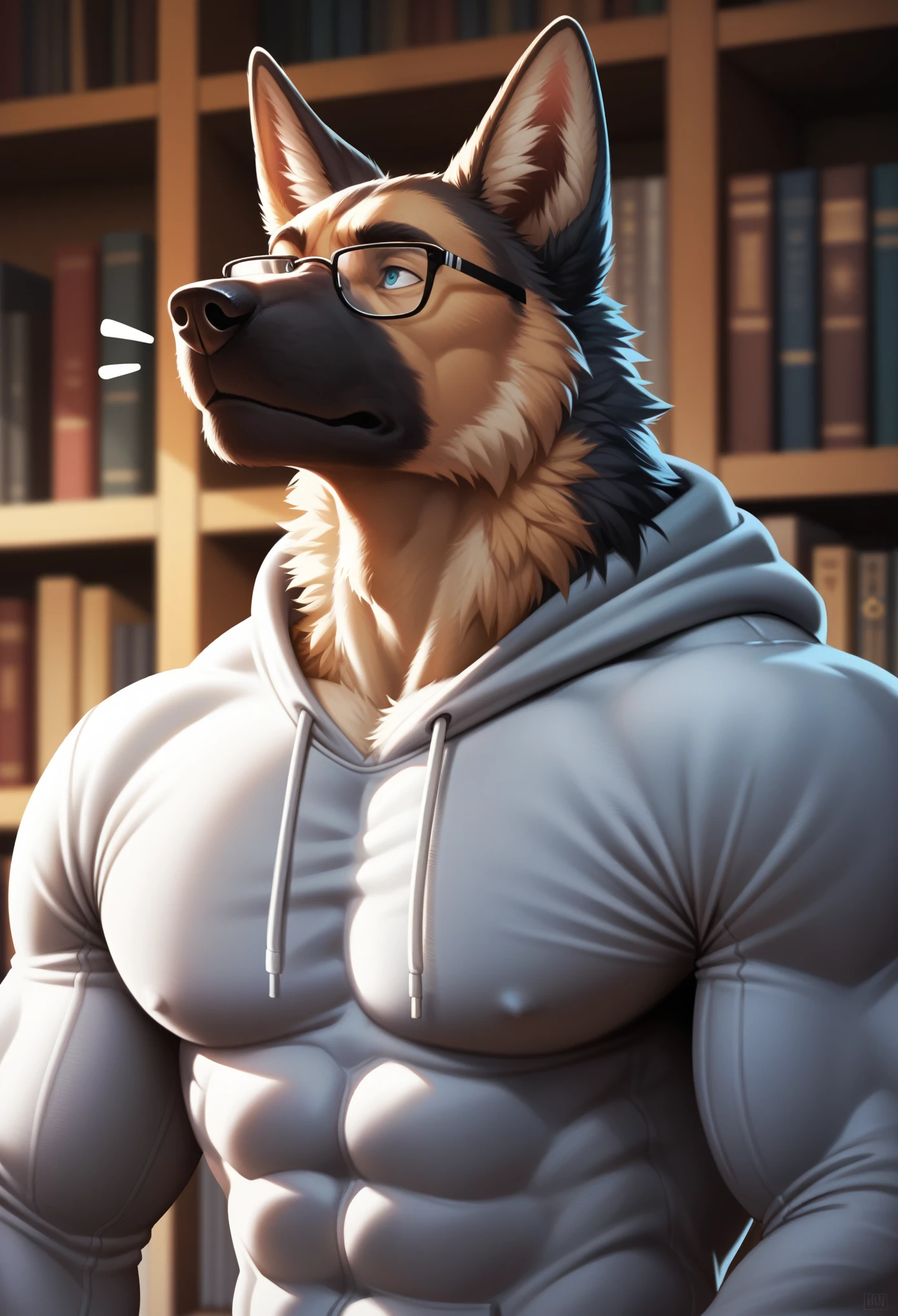 masterpiece, extremely detailed, high res, detailed, best quality, best aesthetics, absurd res, perfect anatomy, perfect proportions, high resolution, good color, bright skin, good shading, countershading, well detailed background, male, Dog furry, male German shepherd, handsome, male focus, veins muscular, half body, shaded, attractive, Muscular, look from beside, fluffy, wearing gray hoodie, black pants, in the library, standing, looking up looking for books, bookshelves, close-up, confused face, wearing clear glasses.