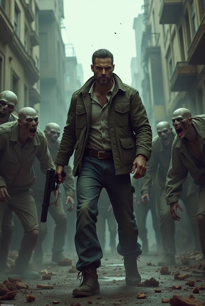 Image from a zombie apocalypse movie where the protagonist, A well-known male actor, Looks like a winner, but he is so agitated that he can hardly move forward..., but there are zombies behind