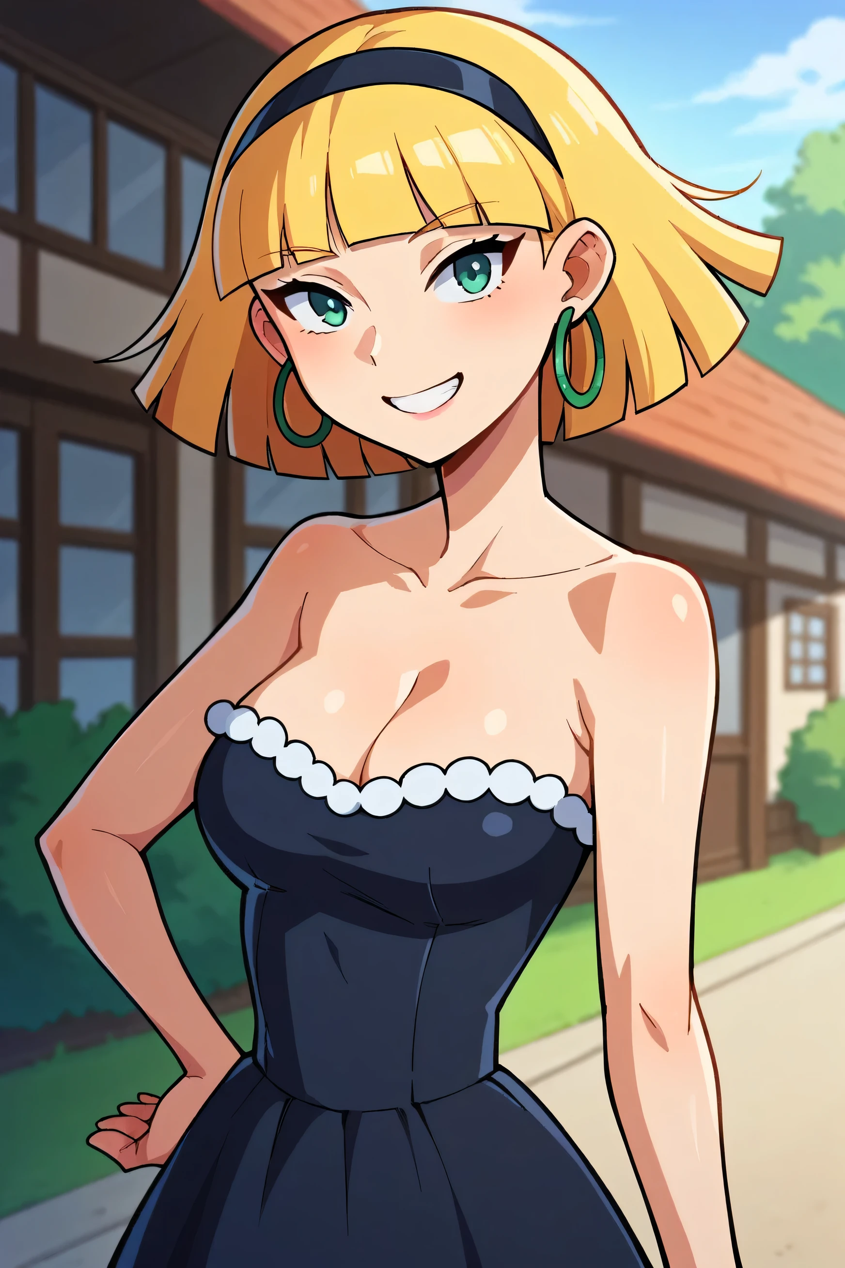 score_9_up,score_8_up,score_7_up,score_6_up,score_5_up,score_4_up BREAK olga pataki,1girl, solo, blonde hair, short hair, black hairband, hoop earrings, strapless, cleavage, smile, bangs, human skin, blunt bangs, upper body, looking at viewer, left hand on own hip, right arm down, outdoors, lifting skirt, wearing traditional a black and pink mexican ruffle off the shoulders long dress, mexican village background, cowboy shot, cartoon style movie style,