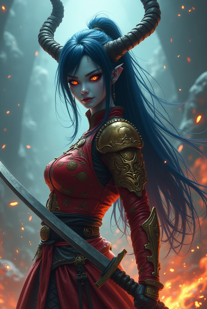 girl, goblin warrior, evil look, sexi, small breasts, wielding a sword, demonic armor, facepaint, bodypaint, red glowing eyes, combat stance, vibrant appearance, creative behavior, imaginative, sensual, spontaneous, highest quality, skin texture, intricate details, (cinematic lighting), RAW photo, 8k