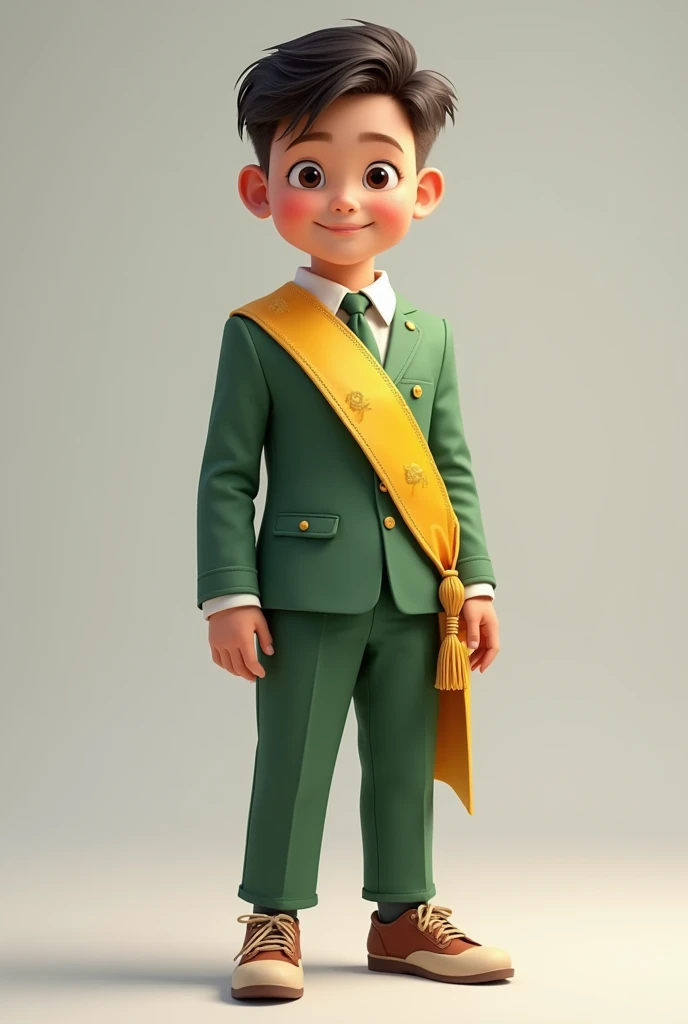 12 year old boy with long sleeve turquoise blue shirt, Turquoise blue pants with a straight line on the side in gold, Simple golden shoulder pads, gold tie, black shoes and turquoise blue beret