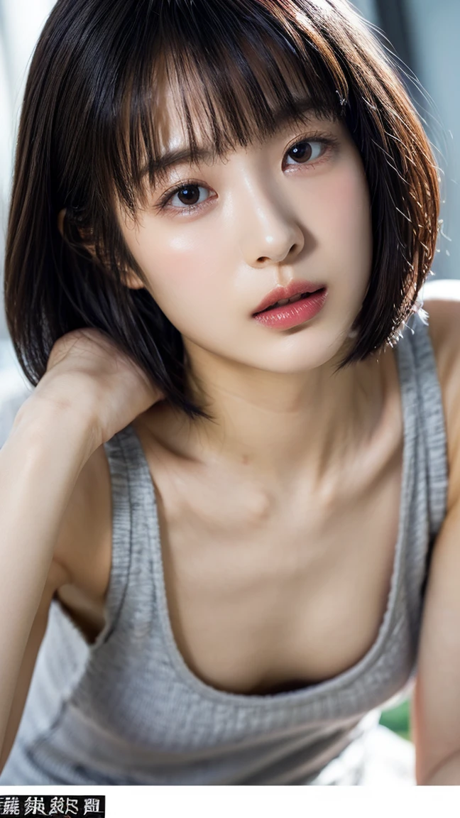 ((Petite women, Sensual woman, No makeup)), (((柔和な笑face, Small eyes, Narrow eyes))), (Full body portrait, Black Hair, Short Hair, Small breasts, Wearing a white T-shirt, Protruding nipples, Thick pubic hair), White skin, Glossy pale lips, skinny, Body Type, Delicate and sexy collarbone, Best Quality, RAW Photo Realism, face, so beautiful, cute, Depth of the written border, High resolution, 超detailed, detailed, Very detailed, extremely detailed eye and face, Sharp pupils, Sharp focus, Cinema Lighting