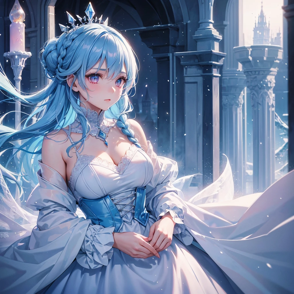 1 woman, Tattered white dress, patch, disgraced, luxury house, Spiral staircase, Hold the stair handrail, blue hair, crown, heart-shaped pupils, crystal earrings, frustrated, crying, high detail, super detail, highres, best quality, masterpiece, ccurate, UHD