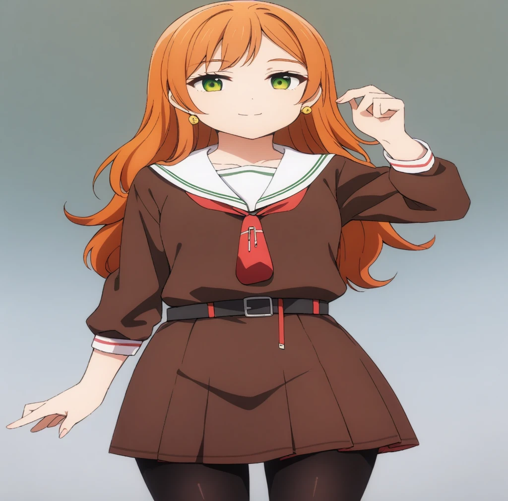 (masterpiece, best quality, very aesthetic, ultra detailed), score_9, score_8_up, score_7_up, source_anime,
TachibanaKotoha,
1girl, closed mouth, light smile,
Orange hair, long hair, hair between eyes , green eyes, earrings,
 white shirt, black skirt,  fanny pack, red bag,
standing, looking at viewer,
outdoors, 