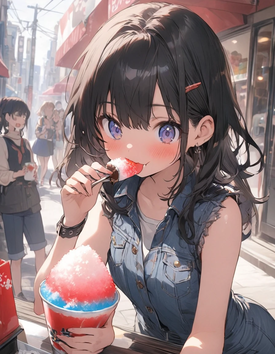 A girl with short black hair, freckles on her face and a white blouse、Pink flared skirt、A girl in a pink bolero is eating a parfait with a spoon at a cafe and smiling