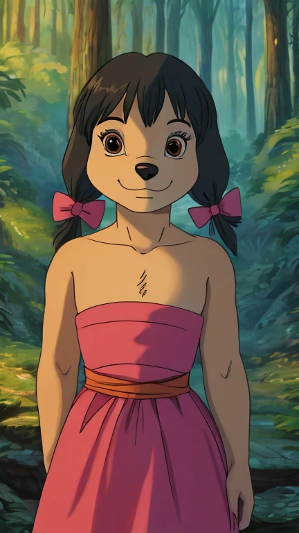 (1girl, solo, dog), highly insanely detailed, masterpiece, top quality, best quality, highres, 4k, 8k, RAW photo),((innocent look)),((ghibli style)),From the front, symmetrical composition,smile,cute,Innocent,Kind eyes,Flat chest,digital art Style, forest landscapes of other worlds, (shanti),front view, Upper body, pink strapless dress, black hair, twintails , bow, brown eyes, red sash, 