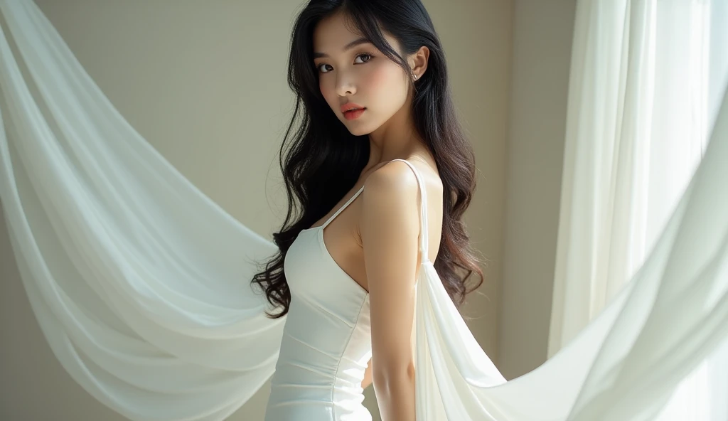 (highest quality,Hylenymistic elegant white shirt,slim black pants,Her tall figure and graceful curves,On the shoulder,A little curled,Long Hair,Gives off a subtle fragrance,Graceful features,Bright and lively eyes,Naturally thin eyebrows,Rosy sexy lips,Round and smooth face,
