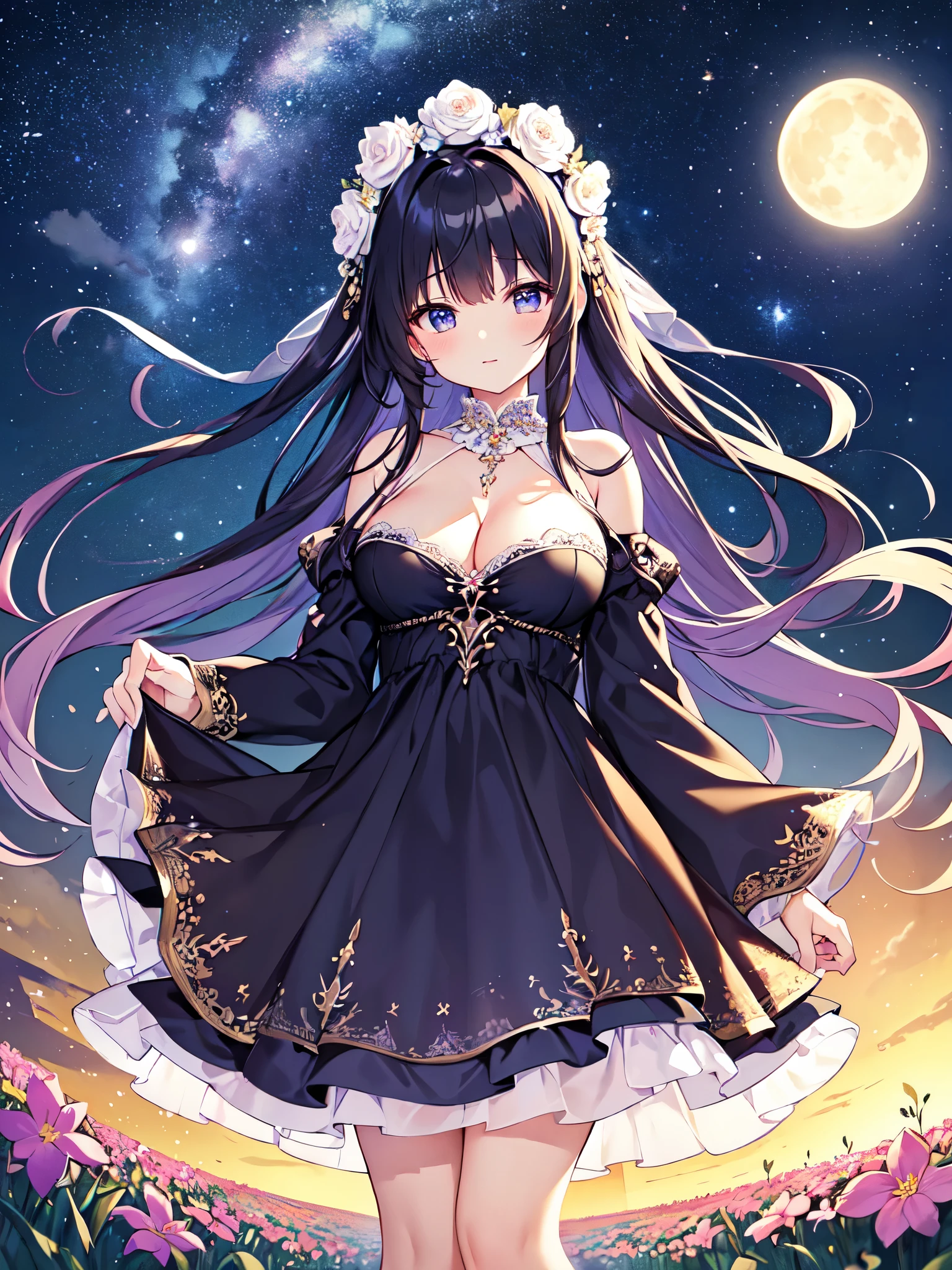 (masterpiece)、(Best Quality)、((Very detailed))、(Very delicate)、Beautiful shiny hair、Beautiful breasts、Gorgeous night dress、Cleavage、Looking up from below、Flower field at night、Wonderful starry sky、Fantastic Moon