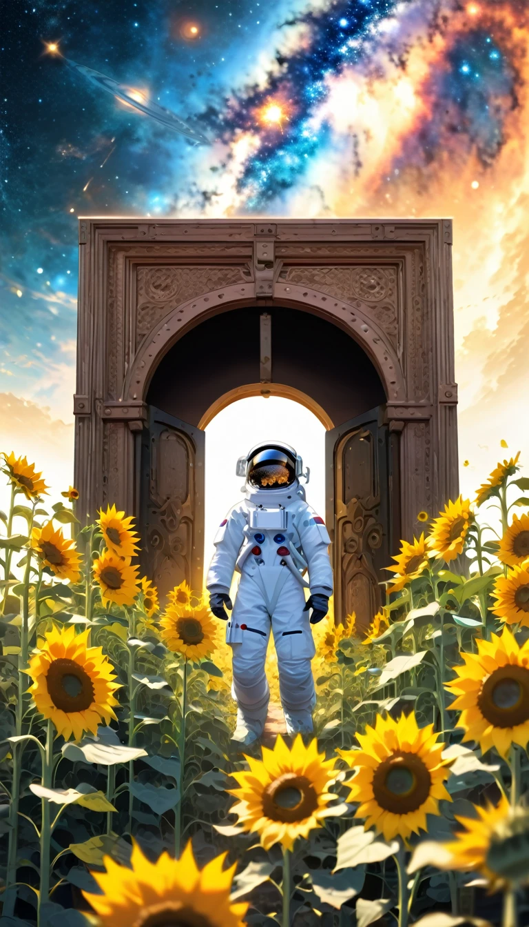 astronaut in a world of sunflowers coming out of a giant door in the background of the east door a beautiful galaxy