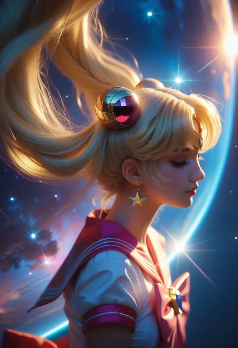 ((masterpiece)), (Best quality), (ultra detailed), ((Very detailed)), 4K, (8 k), Sailor Moon, Long blonde hair, double tail, Sailor Moon Aesthetics, Dream Core,