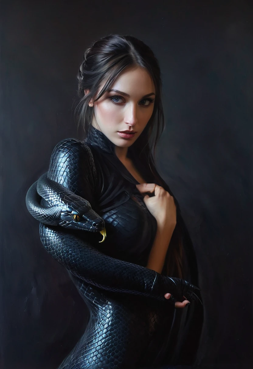 Painting of a beautiful slim muscular woman 3 with white skin and long hair, wrapped in a black dangerous snake, black background, dark atmosphere, Cinematic scene, volumetric lights, ultra realistic, in the style of Nikola Samori