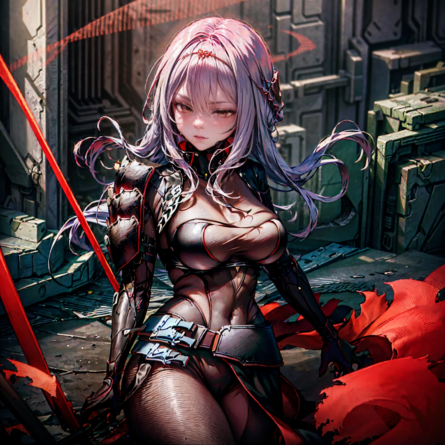 (Best Quality, 8k, masterpiece: 1.3),Nike, Goddess of Victory, One Woman,Voluptuous body,,scarletbs, bodysuit, headpiece, shoulder armor, half-skirt, belt, asymmetrical legwear, sheath,Silver longhair,,tsurime,Large Breasts,Red Eyes