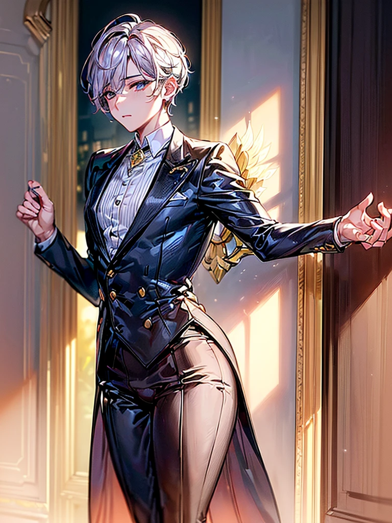 (1boy:1.5), androgynous young beautiful pretty cute elegant office_worker boy in tight (ornamented jeweled office suit:1.5) is standing outdoors, (bulge:1.5), (wide_shoulders, wide_chest, narrow_waist, thick_thighs, wide_hips:1.3), arched_back, ((PERFECT_FACE)), ((finely_detailed_beautiful_eyes_and_detailed_face)), (extremely_detailed_CG_unity_8k_wallpaper, masterpiece, best_quality, ultra-detailed), (best_illumination, best_shadow, an_extremely_delicate_and_beautiful), dynamic_angle, floating, finely_detail, Depth_of_field_(bloom), (shine), classic, (illustration), (painting), (sketch)