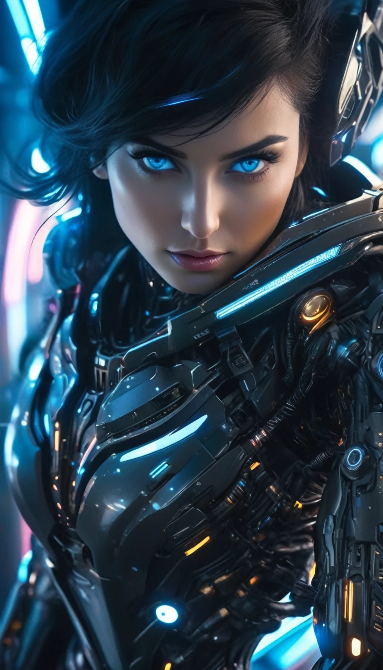 (Best Quality, 4K, 8k, High resolution, masterpiece: 1.2), (Very detailed, Realistic, Realistic:1.37), Woman in futuristic costume, A woman wearing exoskeleton cyber armor, The armor fits snugly、((She has a plasma gun in her hand)), Full body photo, Maximum details, Superior quality through precise drawings, 8k,chest, blue eyes, High resolution, 超High resolution, Best Quality, Shortcuts, Big chest, Cinematic Lighting Effects, futuristic, Beautiful Black Haired Woman, blue eyes, Cyberpunk style woman, ((Inside a high-tech spaceship)), High quality images、Black Hair, Shortcuts,