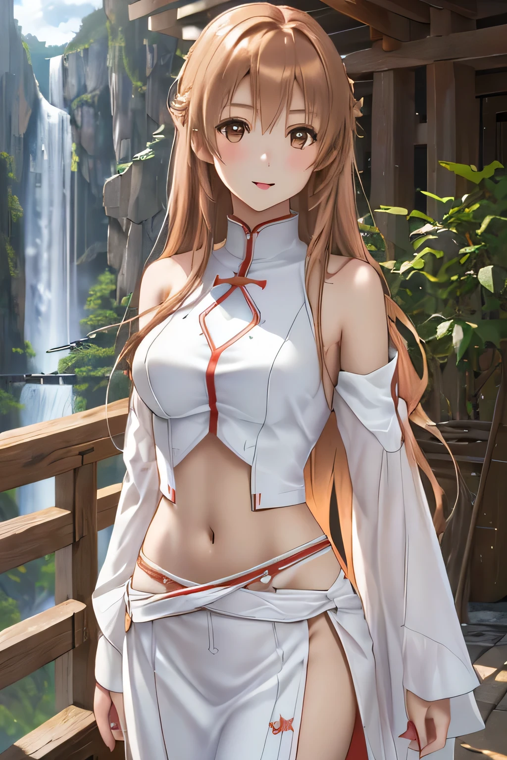 yuuki asuna, kizukiai, brown hair, brown eyes, medium breasts, long hair, Asuna, blush, masterpiece, best quality, ultra-detailed, 4k, ray tracing, perfect lighting, busty, (pink cheeks), seductive, sexy face, sexy, curvy body, thick thighs, hot, sexy, naked, nude, sexy body, natural skin texture, nsfw, showing her boobs, open legs, no panties, perfect anatomy, detailed image, perfect pussy, open pussy, thinner waist, wide hips, thick thighs, delicate eyes, detailed eyes, better lighting, blue sky, clouds, in a river.