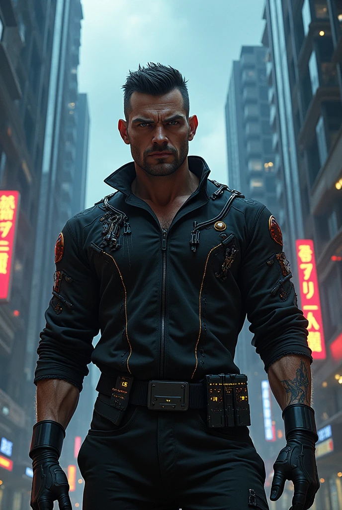 Professional photo in cyberpunk style, thigh-high photo, one man, metal skull, scar on face, metal torso, metal arms, old rusty armor, night city, neon lights, eye contact, looking at viewer, masterpiece, best quality, perfect detail, perfect face detail, perfect eye detail, perfect skin detail, depth of field, perfect lighting