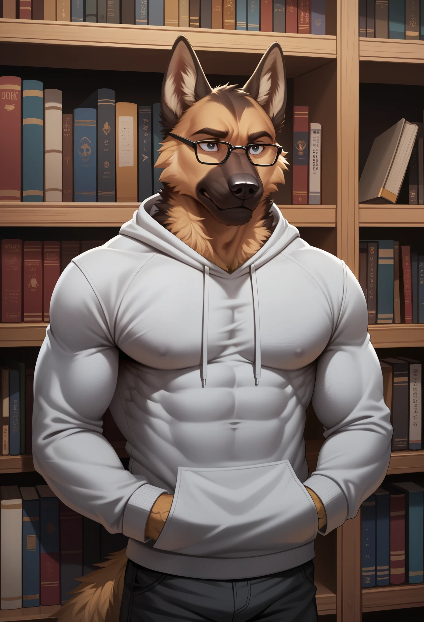 masterpiece, extremely detailed, high res, detailed, best quality, best aesthetics, absurd res, perfect anatomy, perfect proportions, high resolution, good color, bright skin, good shading, countershading, well detailed background, male, Dog furry, male German shepherd, handsome, male focus, veins muscular, half body, shaded, attractive, Muscular, look from beside, fluffy, wearing gray hoodie, unzip hoodie, black pants, in the library, standing, looking up looking for books, bookshelves, close-up, confused face, wearing clear glasses, book in his hand.