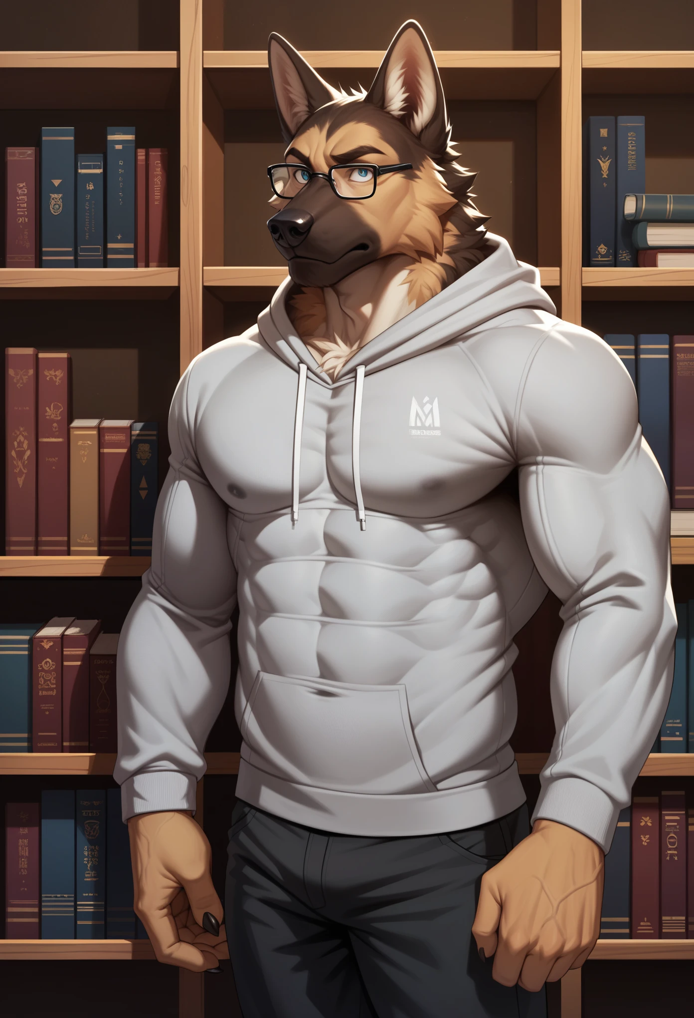 masterpiece, extremely detailed, high res, detailed, best quality, best aesthetics, absurd res, perfect anatomy, perfect proportions, high resolution, good color, bright skin, good shading, countershading, well detailed background, male, Dog furry, male German shepherd, handsome, male focus, veins muscular, half body, shaded, attractive, Muscular, look from beside, fluffy, wearing gray hoodie, unzip hoodie, black pants, in the library, standing, looking up looking for books, bookshelves, close-up, confused face, wearing clear glasses, book in his hand.