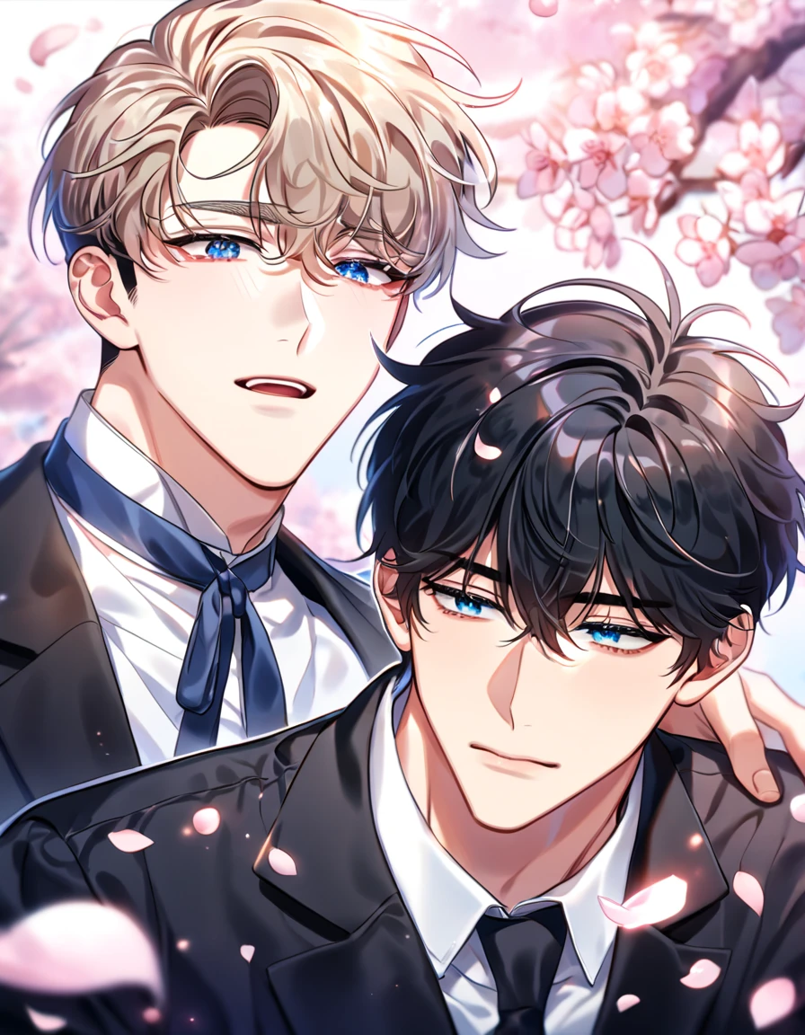 absurdres, highres, ultra detailed, HDR, master piece, best quality, detailed eyes, delicated features, Manhwa Style, Kang Woojin, black hair, messy hair, expressive dark blue eyes, Love Jinx, Lim Haegyung, ash-blond hair, expressive light-blue eyes, two sexy men, handsome, cute, yaoi, gay couple, in love, black schooluniform, spring, garden, park, pink petals, cherry blossoms, glittering butterflies, pink flower, magical, fantasy, Amnesia Memories