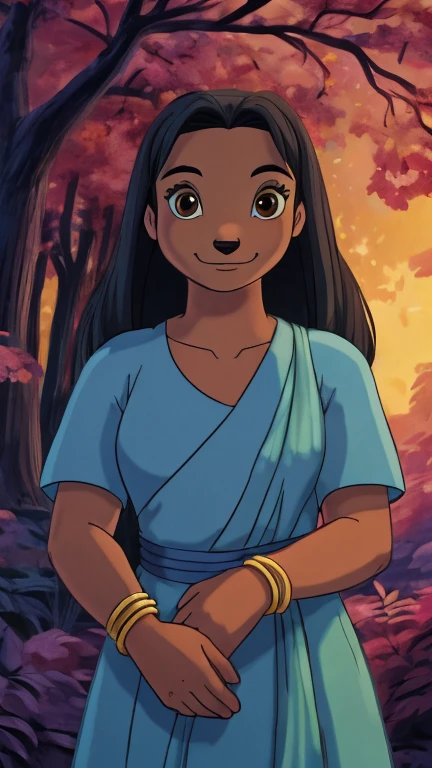 (1girl, solo, dog), highly insanely detailed, masterpiece, top quality, best quality, highres, 4k, 8k, RAW photo),((innocent look)),((ghibli style)),From the front, symmetrical composition,smile,cute,Innocent,Kind eyes,Flat chest,digital art Style, forest landscapes of other worlds, (messua),front view, Upper body, long hair, smile, black hair, dress, brown eyes, dark skin, bracelet, dark-skinned female, blue dress, short sleeves,