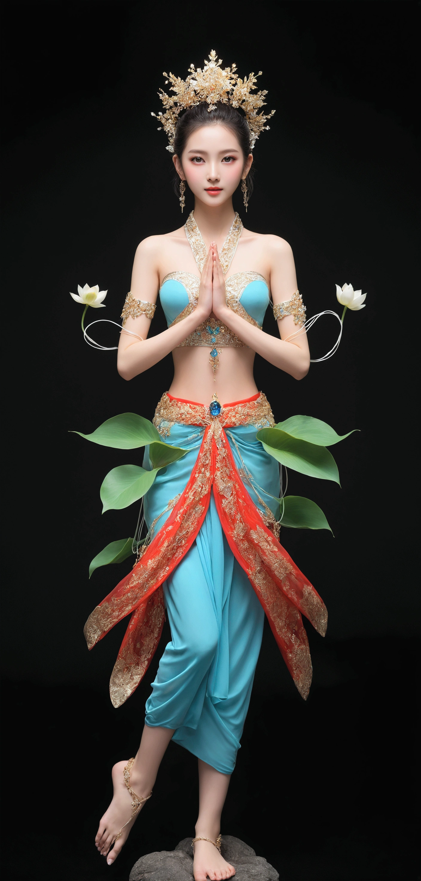 Beautiful woman dancing leisurely,The body is entwined with flowers and green leaves,bail_particle,光particle花朵,全由光particle组成的衣饰,Cross-legged lotus position,Sit on the lotus seat,A girl made of particle,The density of Metal Wire at the finger part is high,bail_Metal Wire,bail_Light Elements,Transparent luminous body,Girl made of light,I have a lotus in my hand,White Ribbon,Delicate skin、shining,barefoot,(Long curved eyebrows),Beautiful eyes sparkling,What's the big deal?, 眼睛像gem一样闪闪发光,Clear pupils reflect light,Double eyelids,Eye bags,Looking at the camera,((Full, Red lips)) clear and distinct,((Red cheeks)),The mandible is very Full,绿色Delicate skin光滑,Delicate skin透亮,The streamers on the body are wrapped around the leaves,gem点缀,Exquisite smart crown,gem,BeautiFully and artFully set gemstones,(skirt),BeautiFully designed jewellery,Beautiful eyes looking straight into the camera,(((Good player))),((((Good feet))),(((Good legs))),Realistically,White skin,((Correct body structure)),Gold Set,Blue sky,Head background round light,Behind him is a colorful rainbow circle,Color halo turned on,Front lighting,Masamitsu,No shadow on the face,There are no shadows on the body,Blue sky,Fantasy Space,The ethereal world,dreamworld,Blue sky白云,Masterpiece 4k,Ultra-clear,Professional Photography,look up,Standard lens shooting,