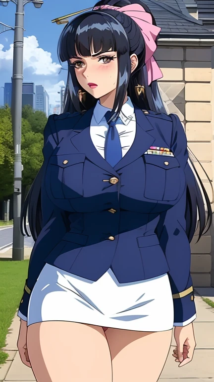 (masterpiece, High Resolutions, The best quality:1.3), 8K, Highly detailed, intricate, Of color, vibrant image, sharp focus, hentai, 4k,
Agatha, 1girl, Battle stance, Confident look, Kicking, Sunny weather, (blush:1.1), blue sky, skyscraper, full body shot,
black hair, long hair, blunt bangs, hair ornament, hair stick, bow, lipstick, make-up, eye shadow, ultra detailed hair, detailed face, Brown eyes, Complex realistic perfect eyes, Perfect face, earrings, jewely,
uniform, pencil skirt, tie, panties, white boots,open legs,
(mature female, 30yo:1.1), Milf, big breasts,