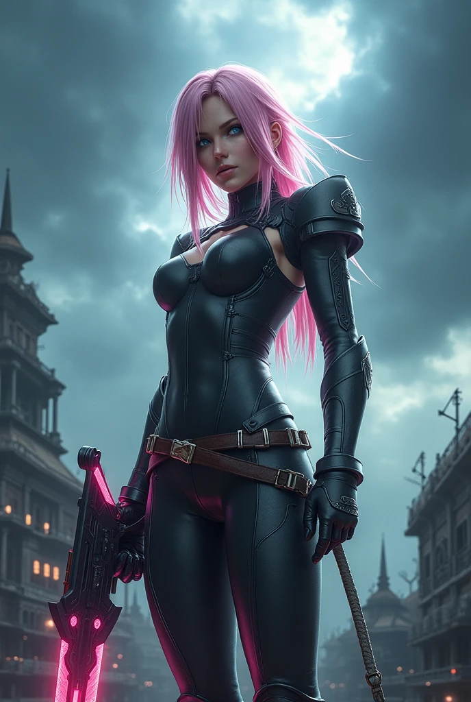 Pretty 20 year old, huge naked breasts, no panties, chromium shoulder pads, chromium arm gauntlets, knee high black boots, pink hair, full lips, cute nose, blue eyes, the scene is a futuristic street. Front view. 8K, Photorealistic, Sci-Fi