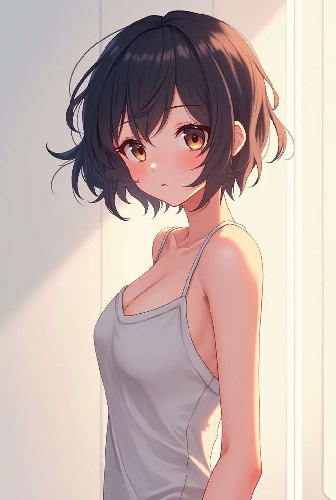 woman、knit、G Cup、Brown Hair、Medium Hair、Upper Body、Arms are raised、Sweat、kiss、Looking up