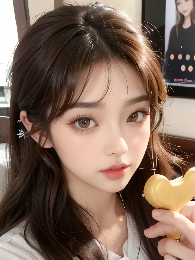 Kim Jennie with brown hair, with curls, with caramel-colored eyes, caramel eyes, Beautiful and big eyes, Beautiful and long eyelashes, with a raised and pretty nose, button nose, with cupid'heart shaped lips, pink lips, thick lips, pretty skin, pale white skin, with freckles and moles all over the body, with natural makeup, with blush on her cheeks, with thin eyebrows, While wearing a long sleeved shirt, red in color, shirt fitted to your body, While wearing baggy jeans, with a noticeable abdomen, bare abdomen, thin abdomen, (big breasts, soft breasts, natural breasts, nice breasts), While eating ice cream, Eating ice cream at an ice cream parlor, While looking at the camera, autophoto, while posing sexy, showing her body,