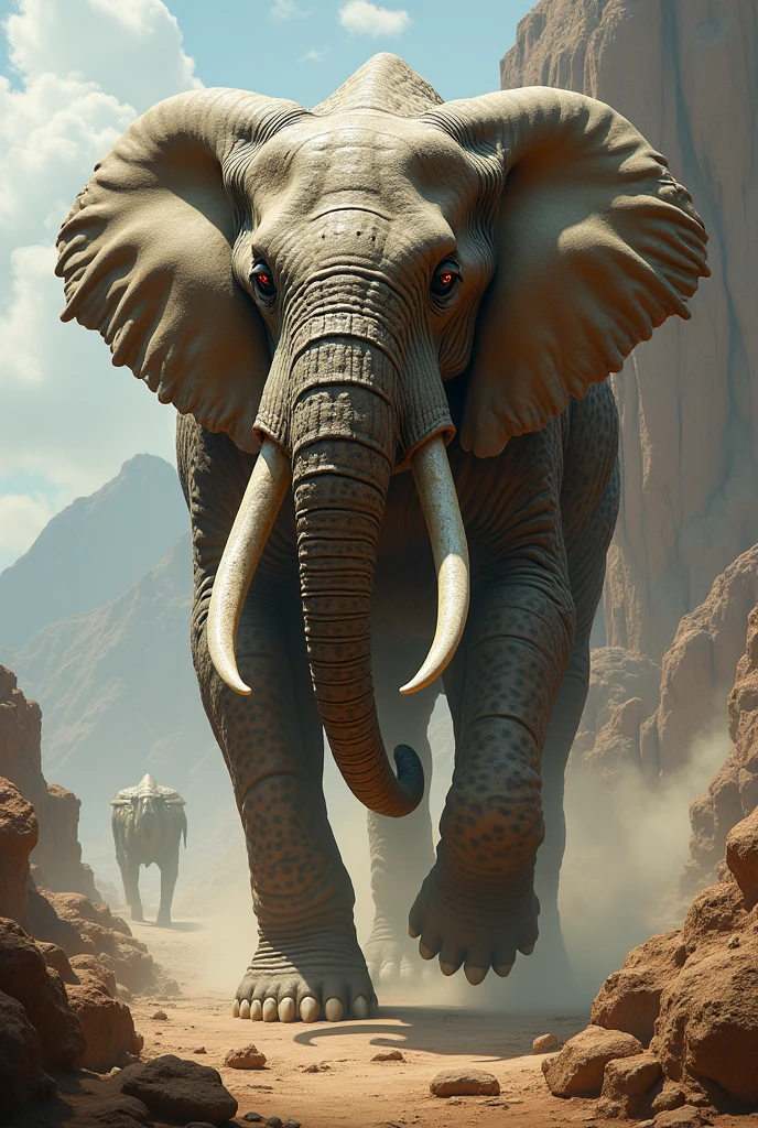 An elephant-sized animal with a cheetah's speed, spotted skin, and elongated limbs, yet with an elephant's trunk and tusks aggressive 