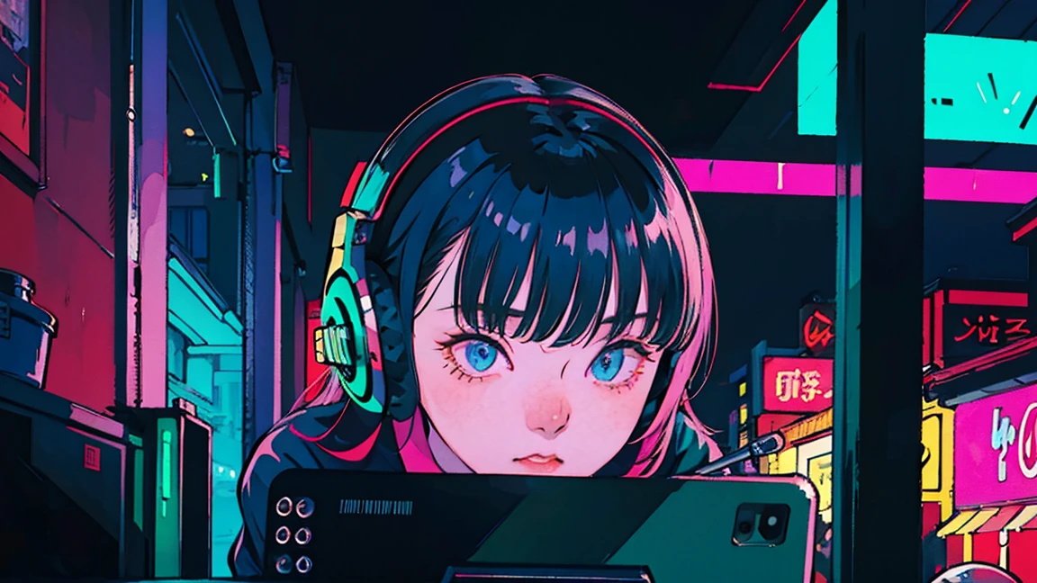 masterpiece, (best quality:1.2), (sharp focus:1.2), 1 girl, solo focused, human face, long eyelashes,bangs, antenna hair, medium breasts, hoodie, headphones,  exhausted, eye bags, neon lights, dark night, outdoors, skyscrapers, cyberpunk, futuristic, night city, messy black hair, dark blue eyes, lazy expression, exhausted, tired, bored,leaning on the table, eating, noodle, half asleep, emotionless, shut in, heavy dark eye bags, holding a smartphone, hand on chin, adult tall, women, nighttime, neon lights, city advertisements, robots, mech, futuristic cloths 