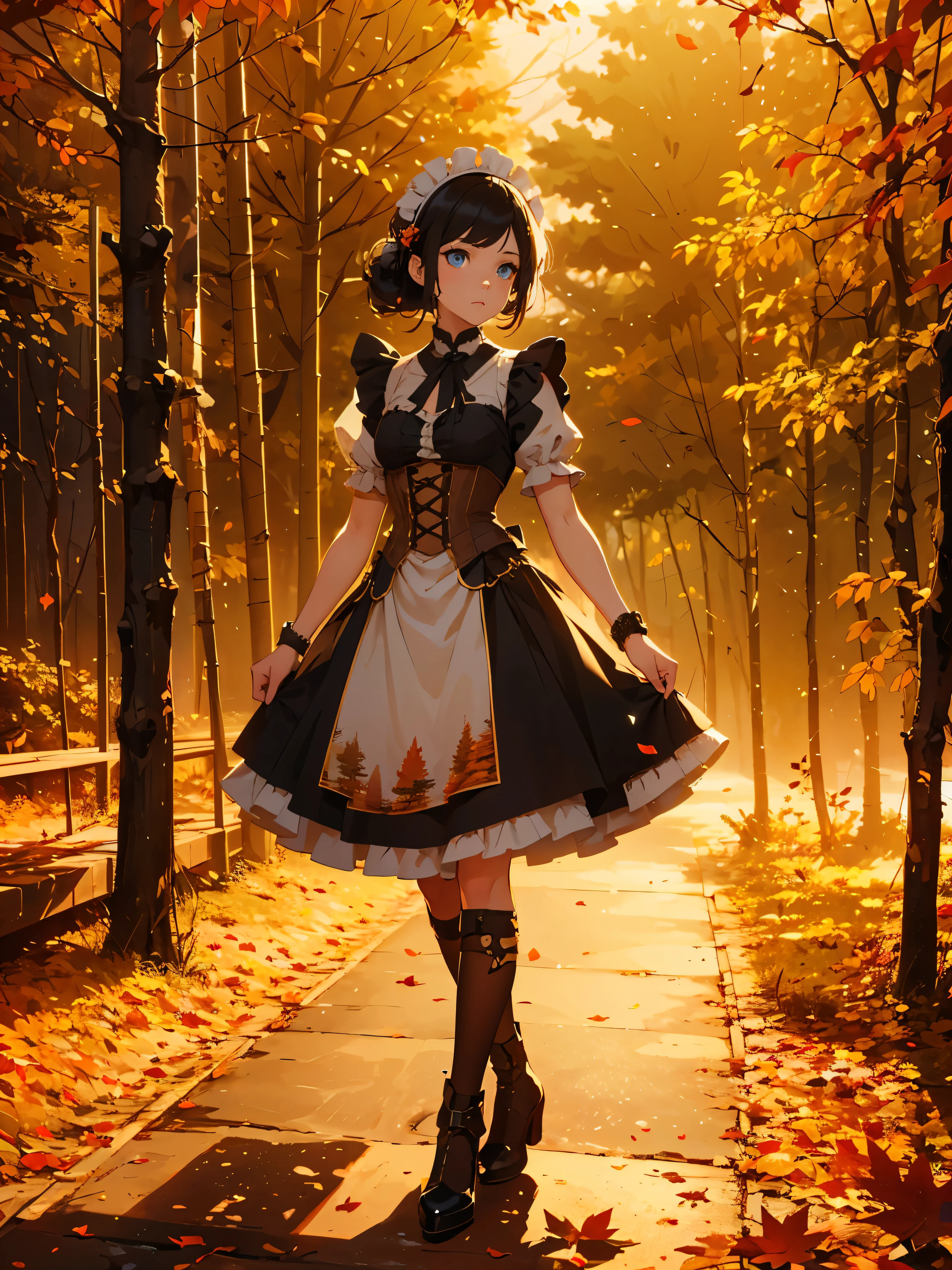 (masterpiece, high resolution,ultra - detailed:1.0),1 girl,Young and beautiful woman, eyes looking away from viewer, Perfect female body, (full body), (autumn forest), Extremely detailed CG,Unity 8k wallpaper，Complicated details, solo person, (blue eyes), asian eyes, (medium black hair,Maid clothes,short sleeves, timid expression),autumn forest (steampunk style),sunny day,Portrait,color difference, Depth of field,dramatic lighting, Ray tracing, Best quality, Cinematic lighting,offcial art,