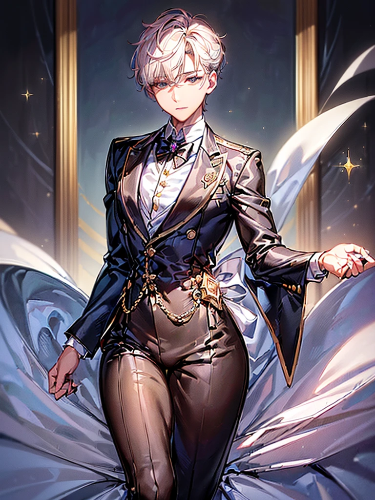 (1boy:1.7), androgynous young beautiful pretty cute elegant office_worker boy in tight (ornamented jeweled office suit:1.7) is standing outdoors, (bulge:1.5), (wide_shoulders, wide_chest, narrow_waist, thick_thighs, wide_hips:1.5), arched_back, ((PERFECT_FACE)), ((finely_detailed_beautiful_eyes_and_detailed_face)), (extremely_detailed_CG_unity_8k_wallpaper, masterpiece, best_quality, ultra-detailed), (best_illumination, best_shadow, an_extremely_delicate_and_beautiful), dynamic_angle, floating, finely_detail, Depth_of_field_(bloom), (shine), classic, (illustration), (painting), (sketch)