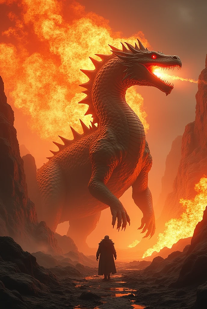 Create full images of Triple headed dragons, massive destructions, best VFX cinematic arts style, ancient ruins, image dinosaurs as dragons , Godzilla different versions as dragons, fire breathing, volcanic eruption,