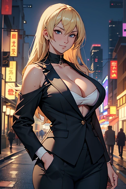 masterpiece, ultra quality, Beautiful detailed, extremely detailed,16k, exquisite, highres, Beautiful background, Beautiful eye, Beautiful skin, anime style, Saeko, wearing a business suit, invites viewers to downtown at night.., Saeko, 2, 1 girl, alone, Upper body, smile, ecstatic expression, looking at the viewer, erotic, Charming, charm, (Muscular female slender body, [clavicle, Fat, beautiful huge breasts, Big Ass, Fat, beautiful long legs), cleavage, perfect anatomy, sweaty, It&#39;s hard to breathe, vapor, (business suit), (white jacket)、(Purple shirt)、(pencil skirt)、(pantyhose)、(purple high heels)、downtown at night, From above, cowboy shot, perfect quality, good quality, masterpiece, HDR, UHD,